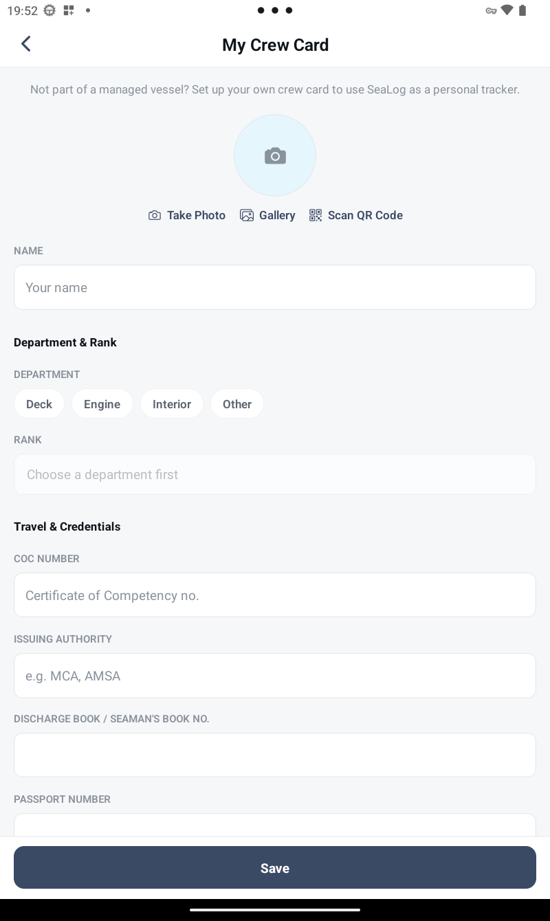 My Crew Card setup form with fields for department, rank, certificate of competency number and more