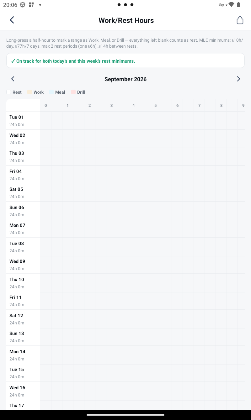 The Work / Rest Hours month grid, empty, with the Rest/Work/Meal/Drill legend and an on-track compliance banner