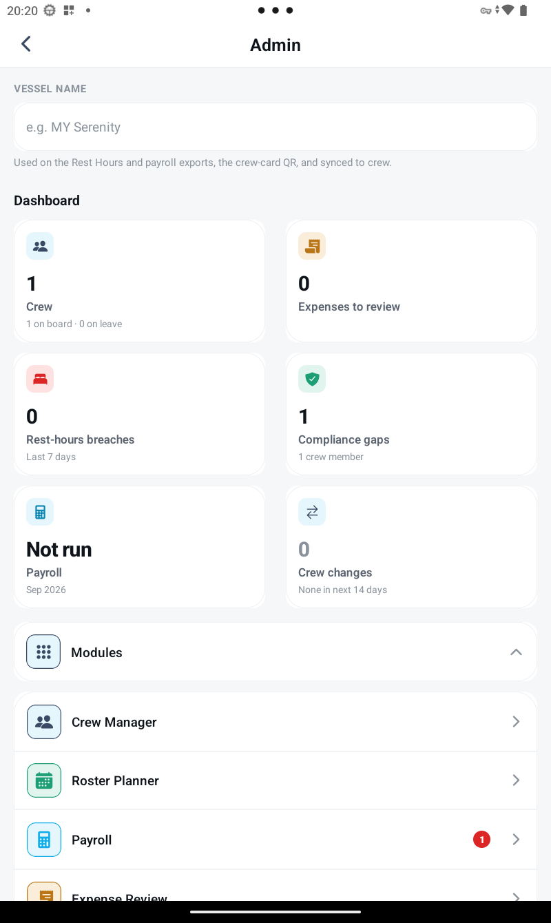 Admin dashboard showing stat cards for Crew, Expenses to review, Rest-hours breaches, Compliance gaps, Payroll and Crew changes, plus an expanded Modules list